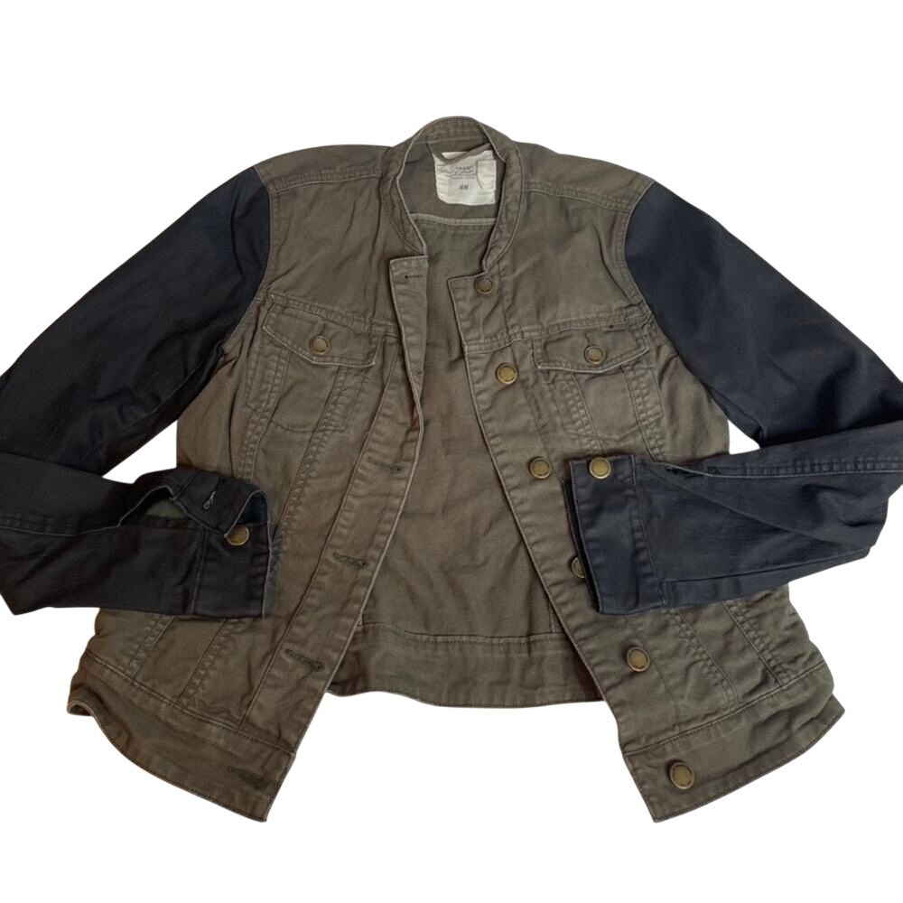 H&M‎ LOGG Contrast Sleeve Waxed Denim Jacket Khaki Black Small 6
